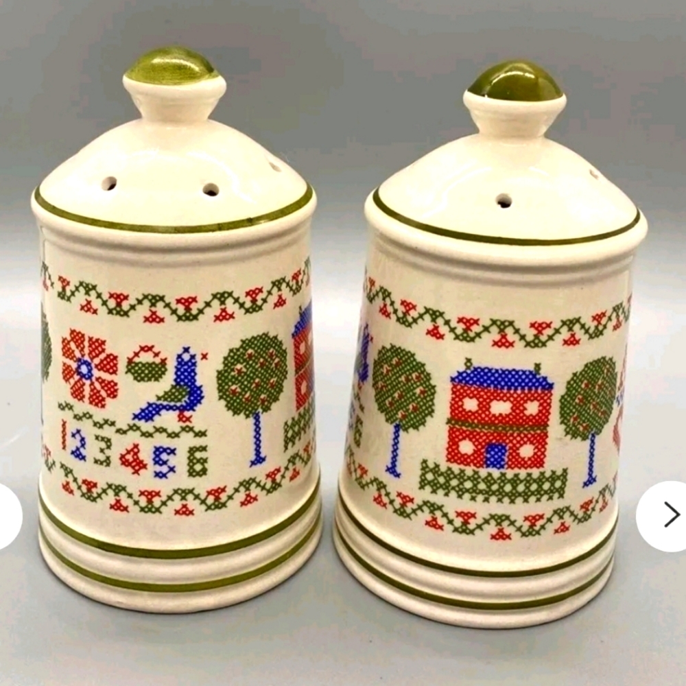 VINTAGE Saltbox House Trees Cross Stitch Sampler Salt & Pepper Shakers